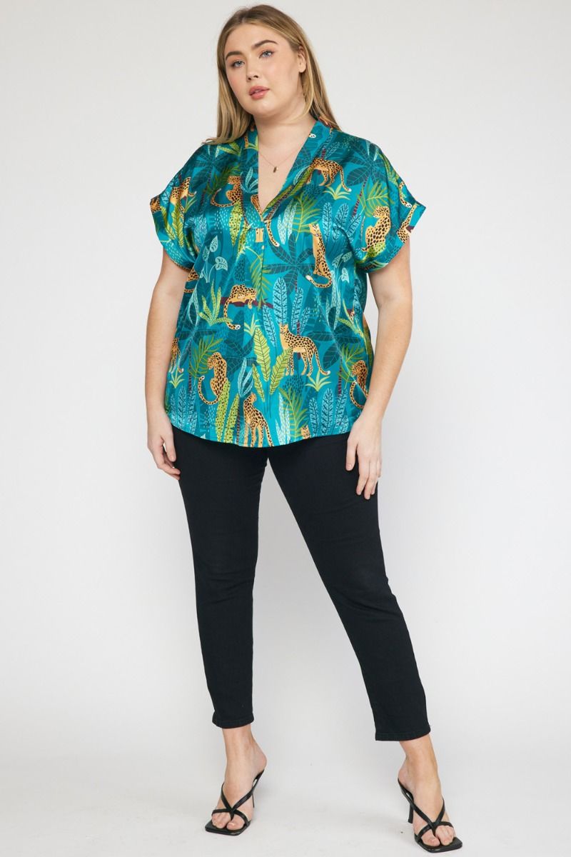 Satin Tropical Cheetah Print V-neck Top