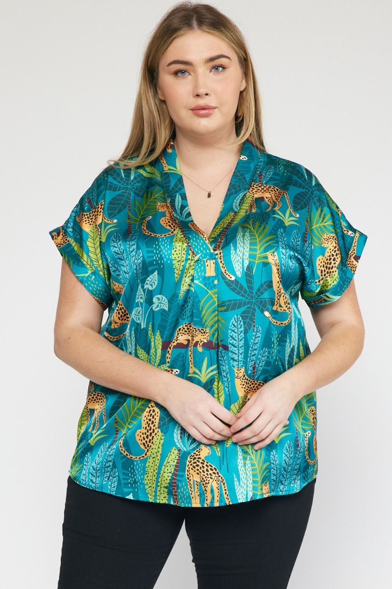 Satin Tropical Cheetah Print V-neck Top