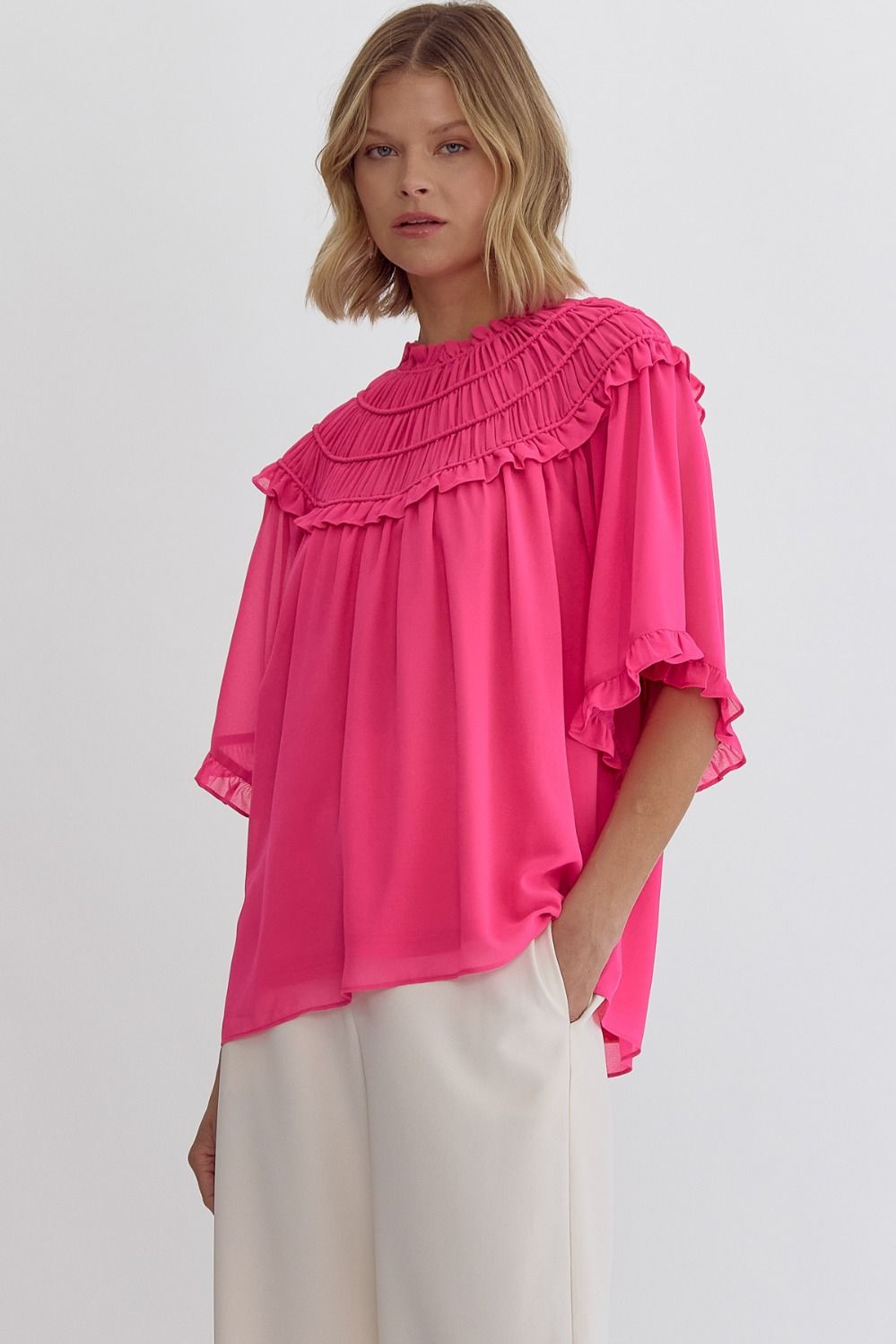 Hot Pink Top w/Pleated Collar