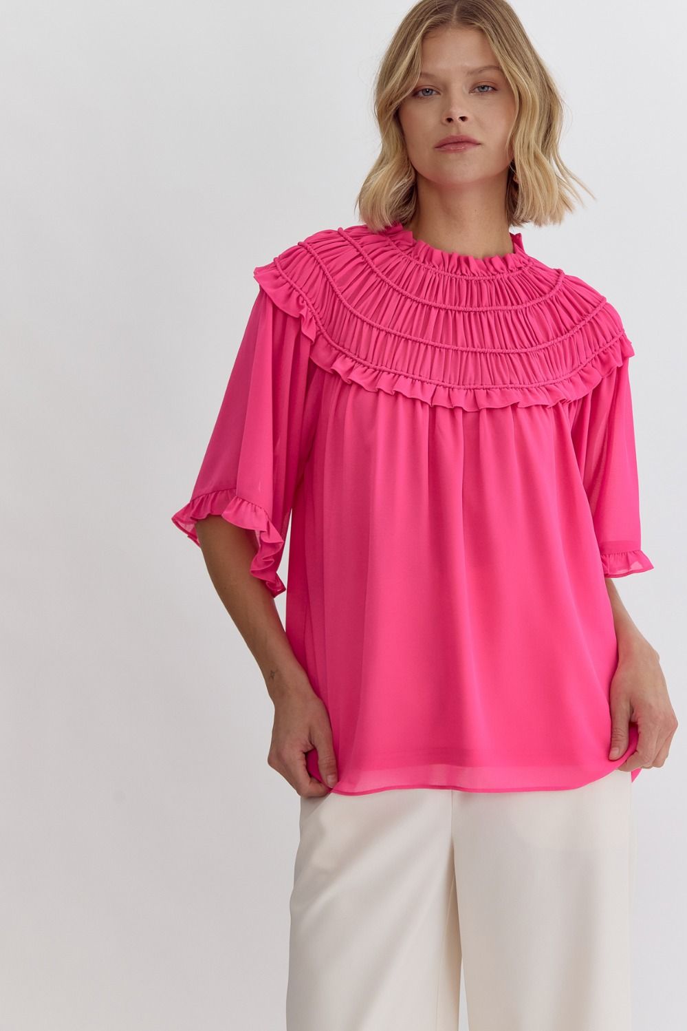 Hot Pink Top w/Pleated Collar