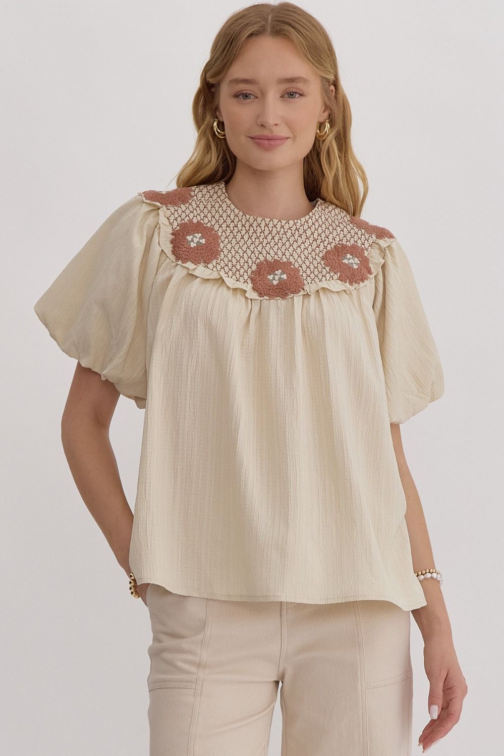 Bubble Sleeve Top With Smocking