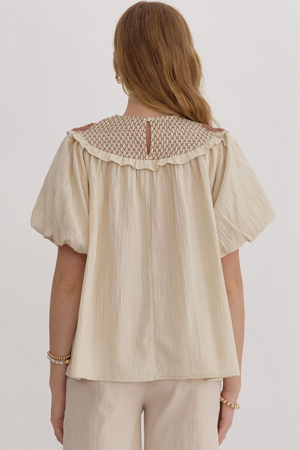 Bubble Sleeve Top With Smocking