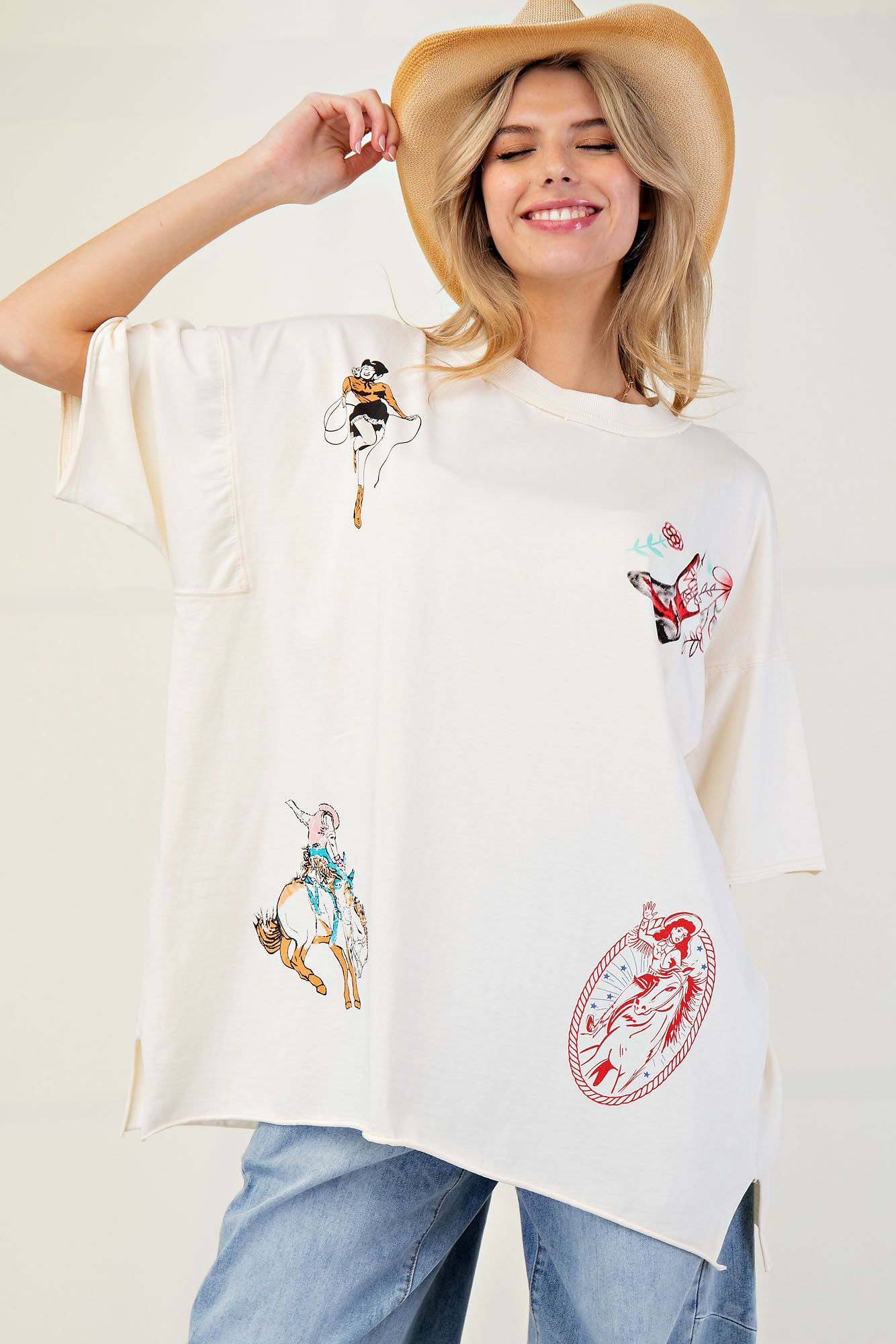 Ivory Short Sleeve Western Print Top