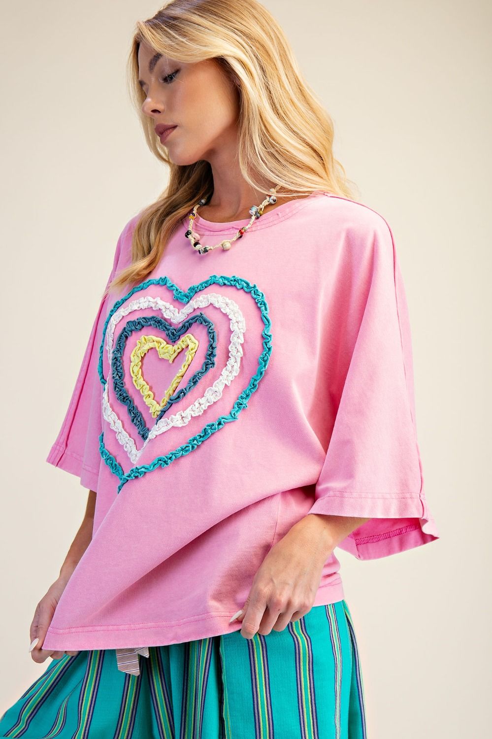 Heart Front Washed Terry Top- Pink