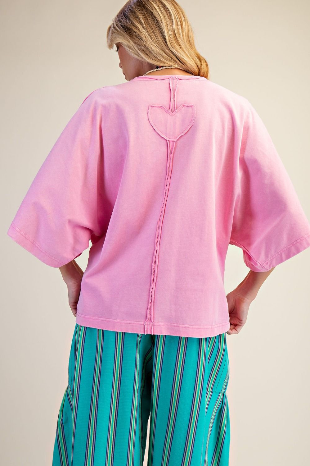 Heart Front Washed Terry Top- Pink