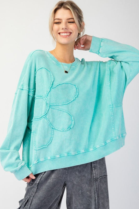 Long Sleeve Flower Patch Terry Knit Pullover Seafoam