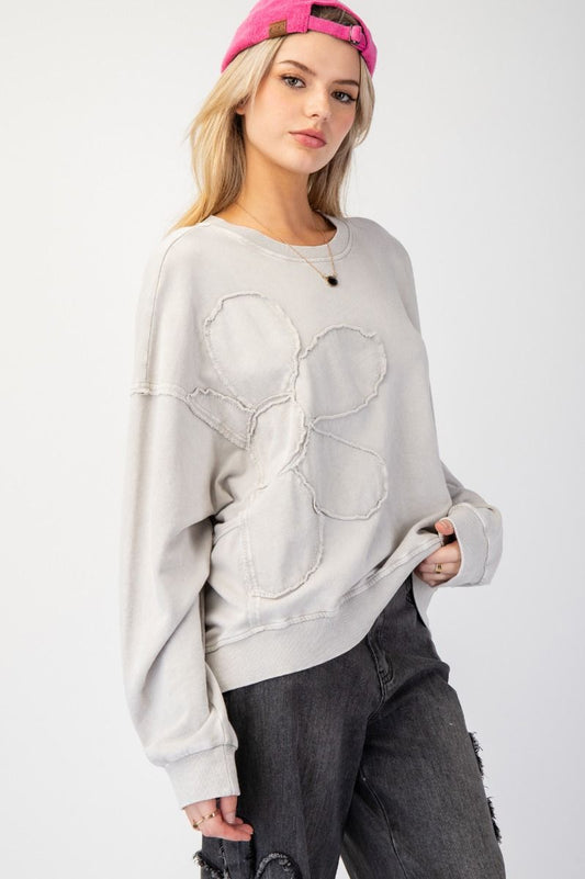 FLOWER PATCH WASHED TERRY KNIT PULLOVER