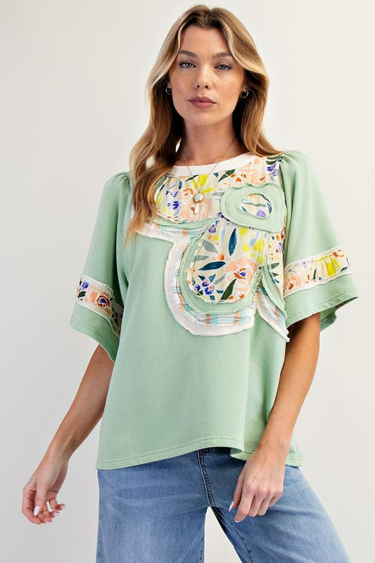 Flower Patch Soft Washed Terry Knit Top Pistachio