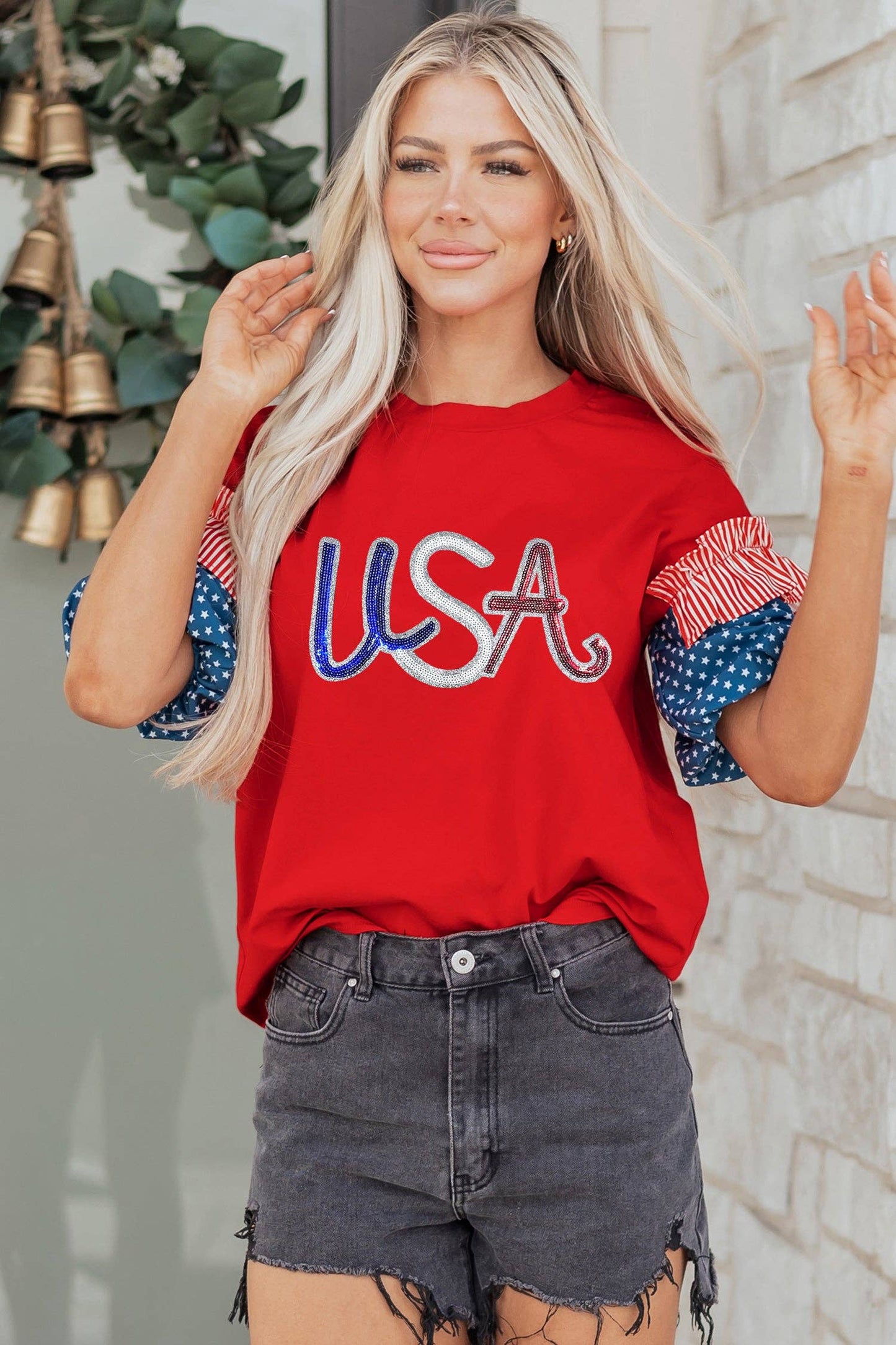 Fiery Red Sequin USA Lettering Top