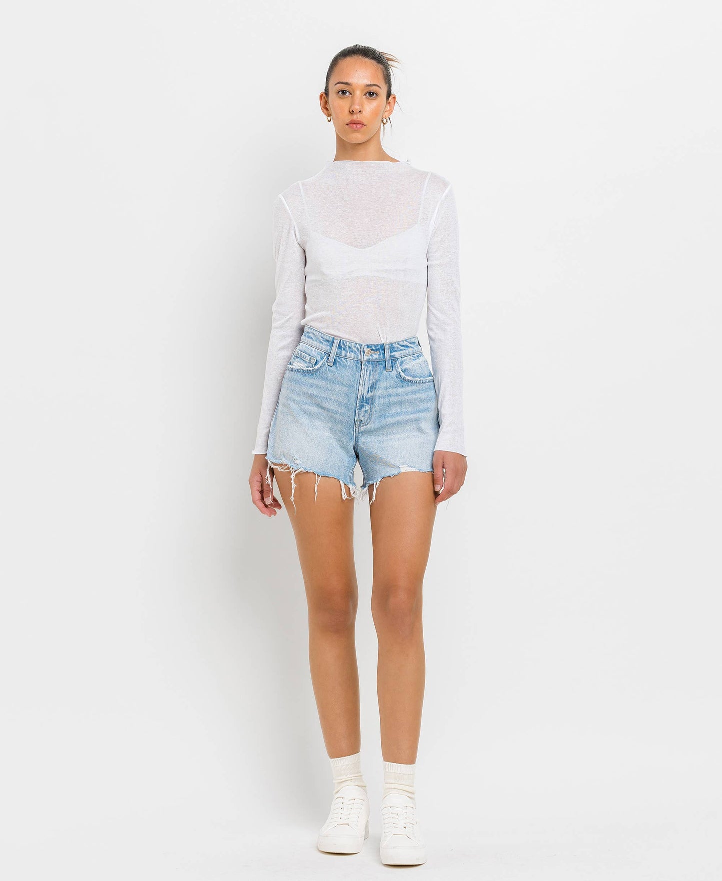 VERVET by FLYING MONKEY - HIGH RISE DISTRESSED HEM A LINE SHORTS T6316: TANA RIVER / L