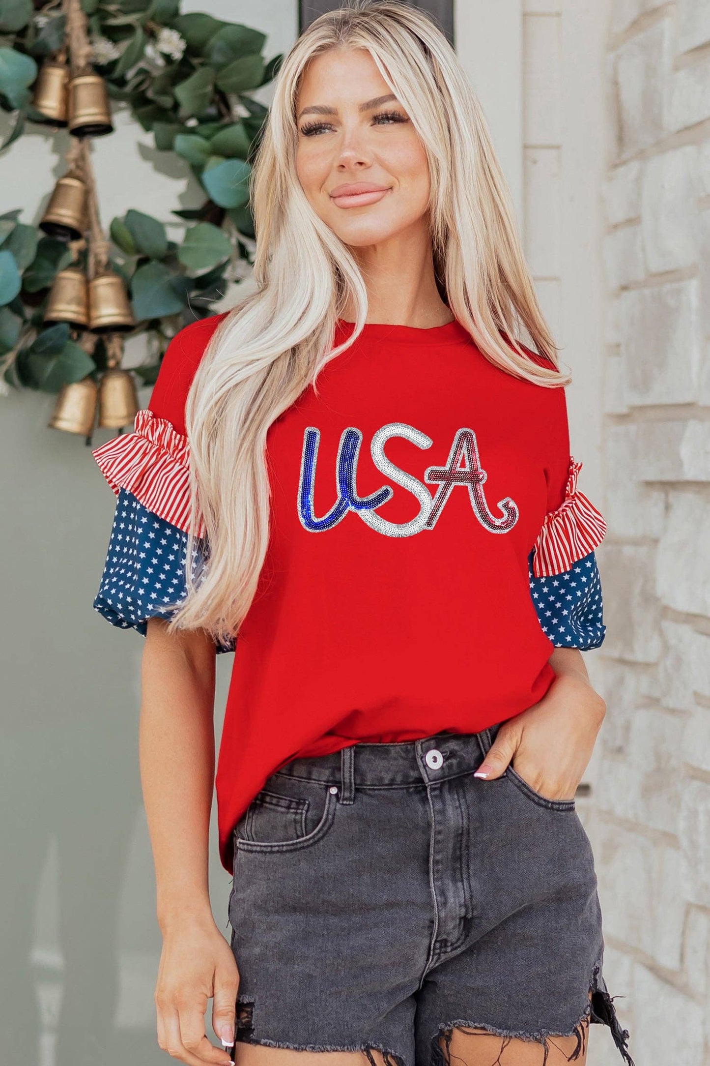 Fiery Red Sequin USA Lettering Top