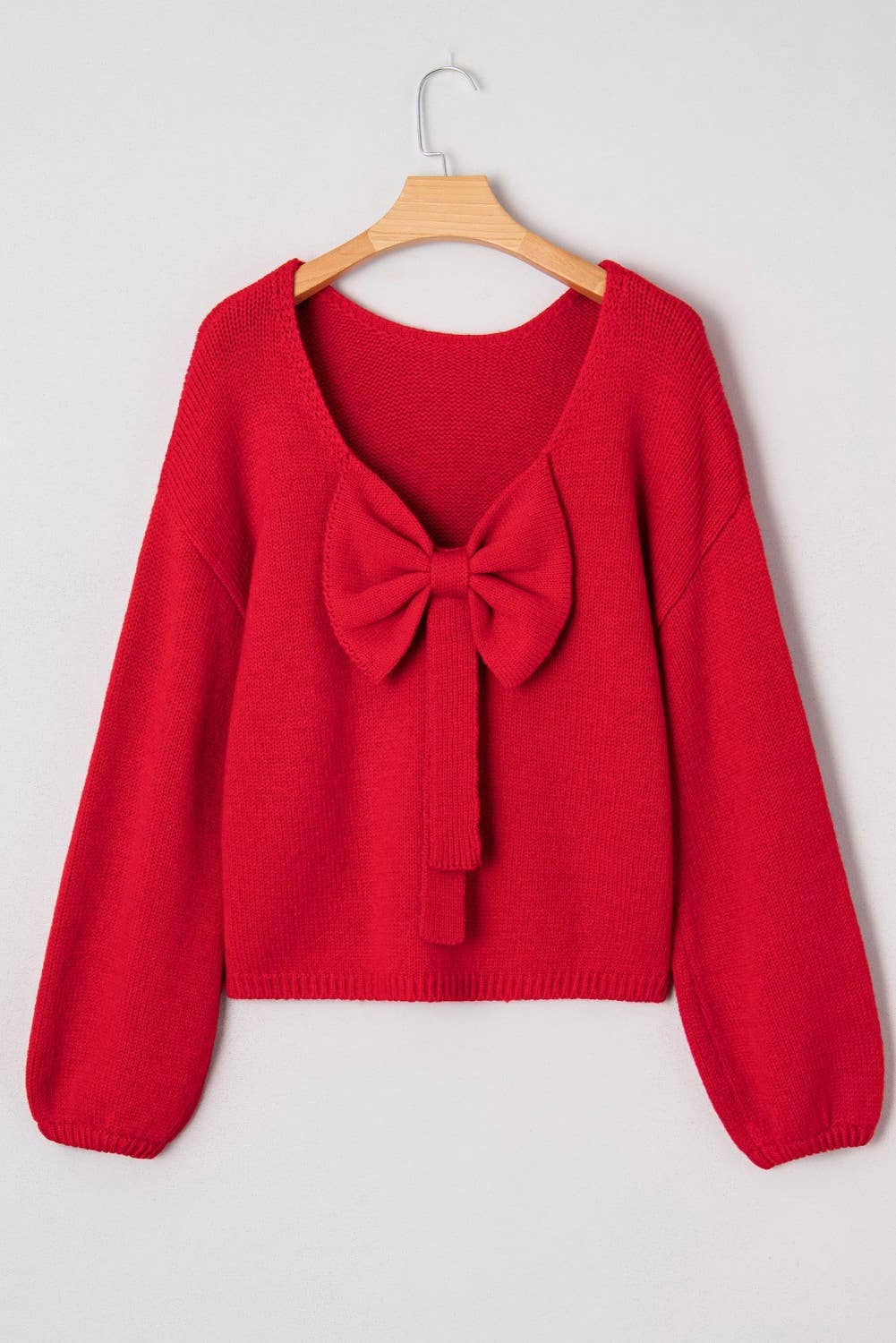 Black Backless Bubble Sleeve Back Bow Sweater - L