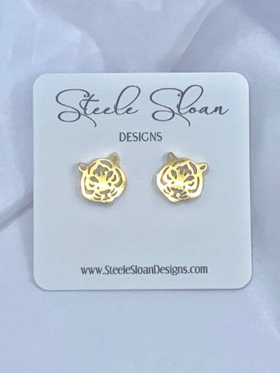 Tiger Football Stud Earrings-Gold