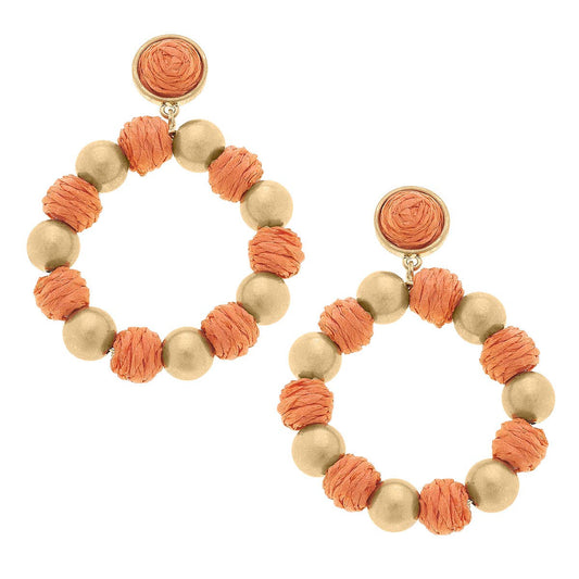 Canvas Style - Demi Raffia and Ball Bead Drop Hoop Earrings: Orange