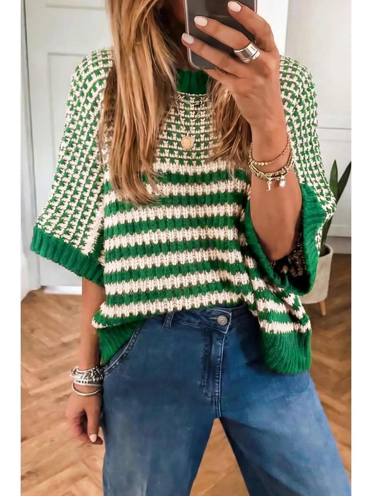 Stripe 3/4 Draped Sleeve Slouchy Sweater