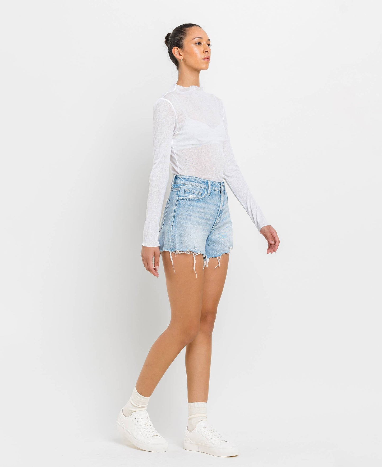 VERVET by FLYING MONKEY - HIGH RISE DISTRESSED HEM A LINE SHORTS T6316: TANA RIVER / L