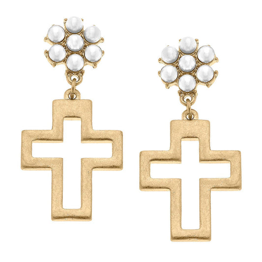 Canvas Style - Charolotte Cross Pearl Cluster Drop Earrings in Worn Gold