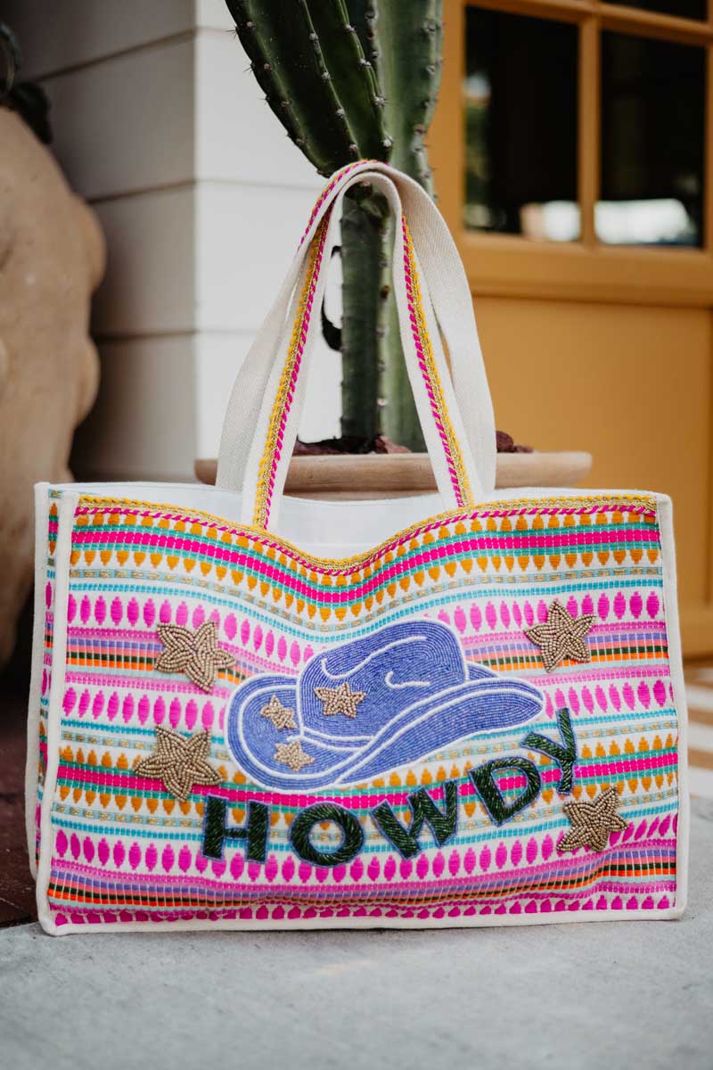 HOWDY Cowgirl Hat Striped Tote Bag