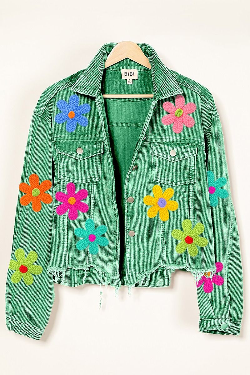 Corduroy Jacket with Flower Crochet Patches