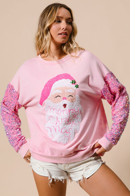 Sequin Sleeve Santa Face Pullover