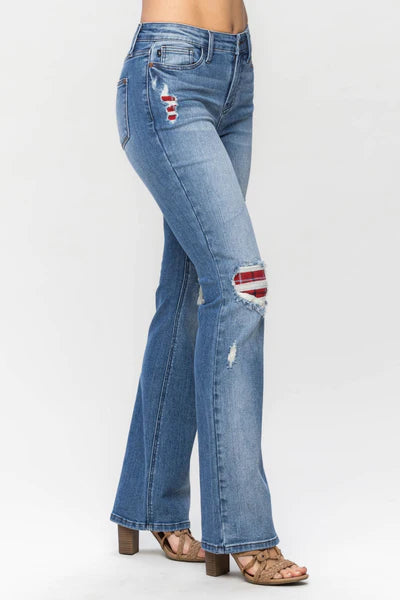 Curvy Plaid Patch Detail Bootcut Judy Blue