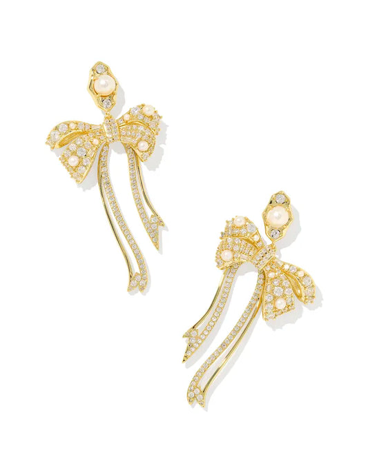 Krista Gold Bow Statement Earrings in White Mix