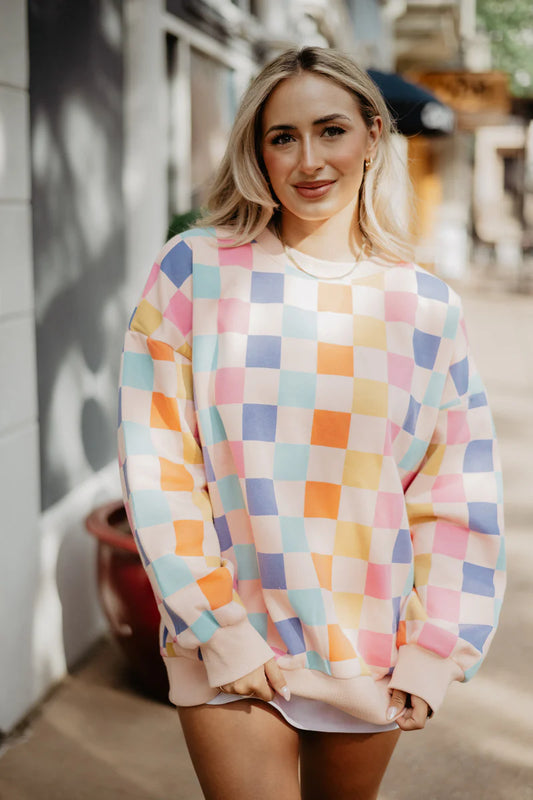 Retro Multicolored Checked Print Sweatshirt