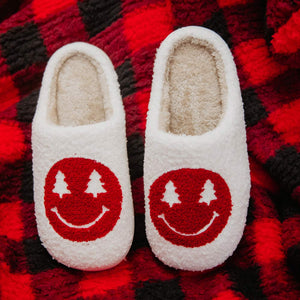 Red Xmas Tree Eyes Smiley Face Slippers