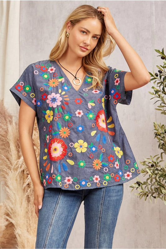 Denim Blouse W/Flowers Embordered