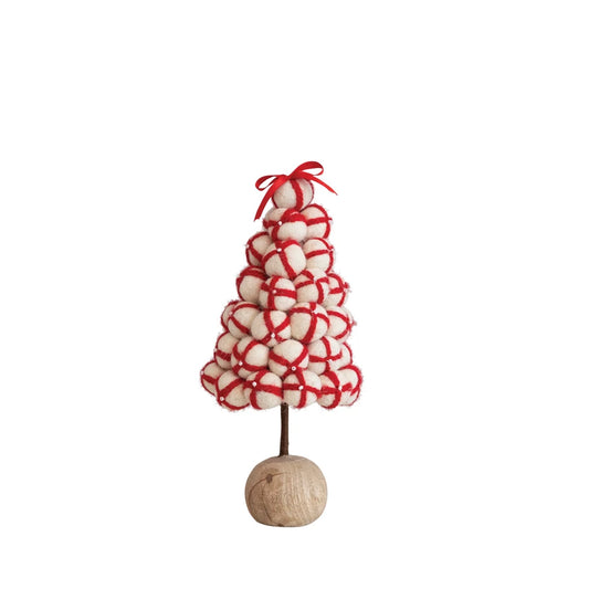 Wool Felt Pom Pom Tree w/ Wood Ball Base, Glass Beads