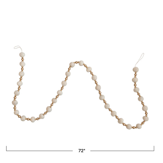 Wool Felt Ball & Plastic Bead Garland, Cream Color & Gold Finish