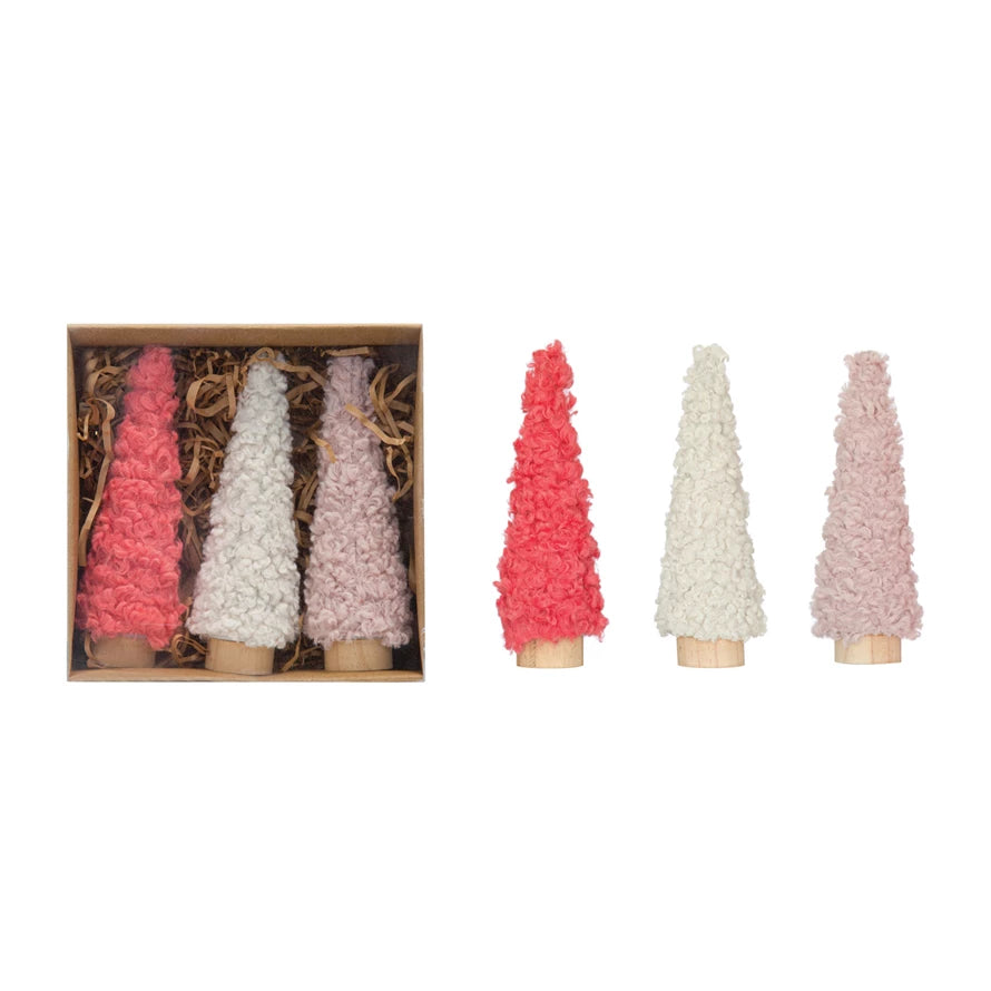 Fabric Trees w/ Wood Bases, Pink & Cream Color, Boxed Set of 3