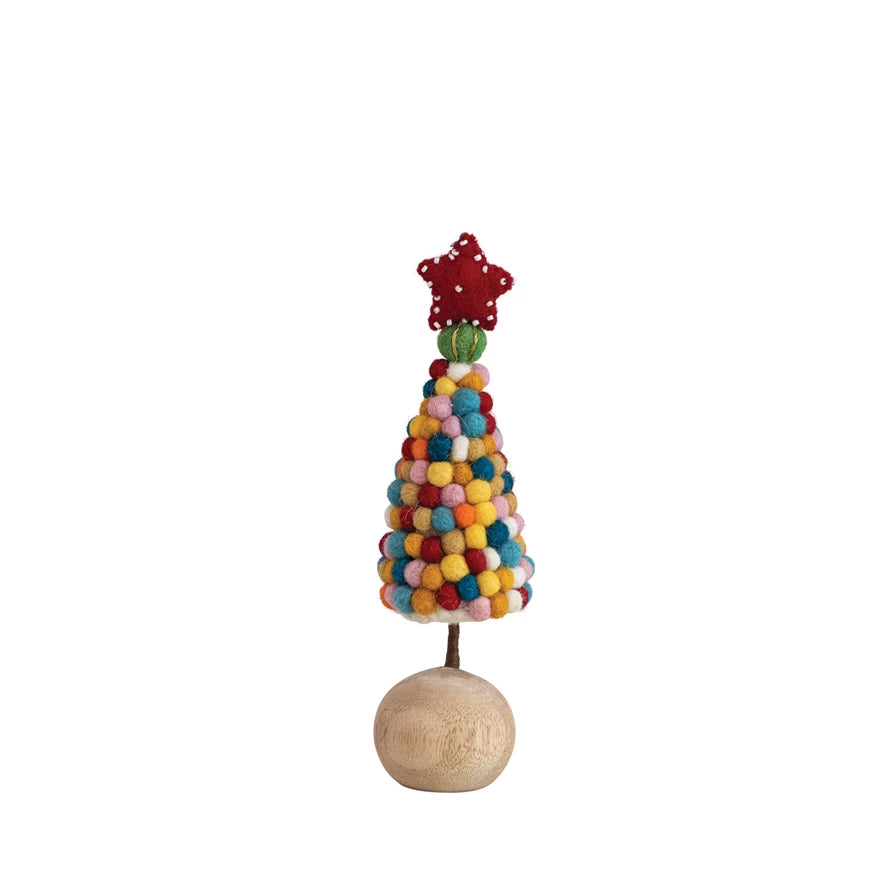 Wool Felt Pom Pom Tree w/ Beaded Star & Wood Ball Base