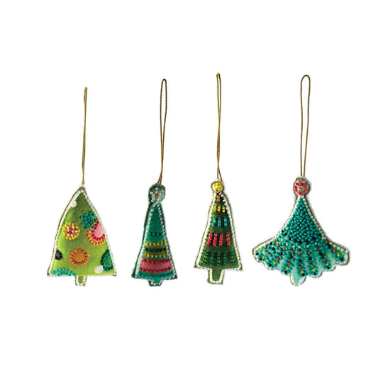 Cotton Velvet Christmas Tree Ornament w/ Embroidery & Glass Beads, 4 Styles ©