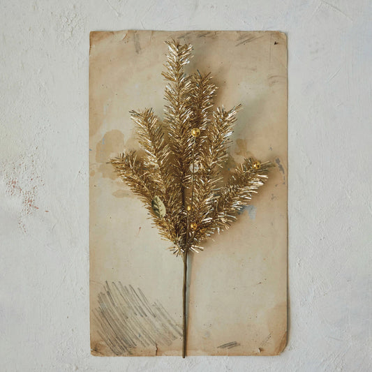 Tinsel Spray w/ Faux Leaves & Ornaments, Gold Color