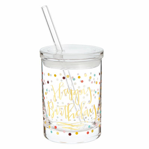 Glass w/Lid and Straw - Happy Birthday