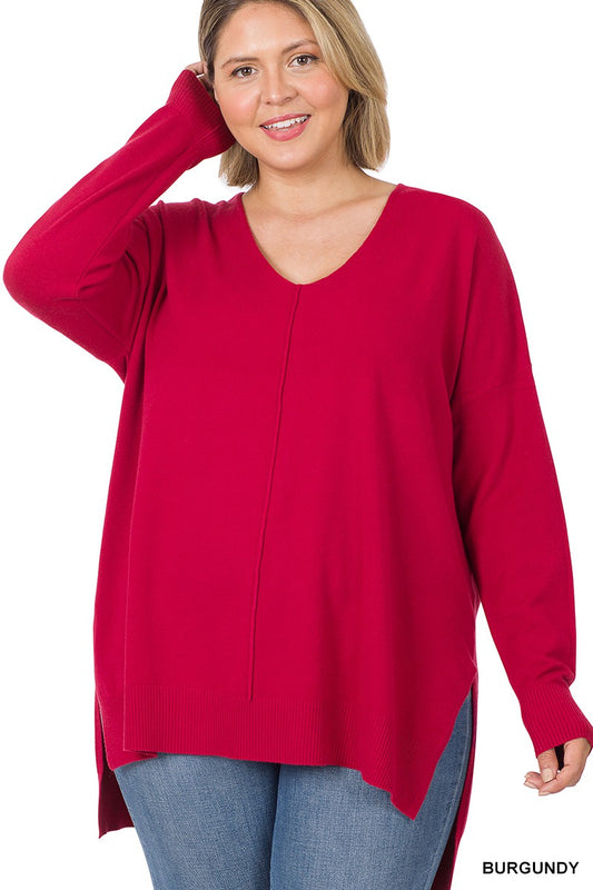Red Hi-Low Hem V-Neck Sweater