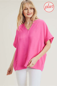 Hot Pink Solid V-Neck Boxy Top