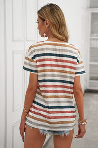 Multicolor Striped V Neck T-shirts