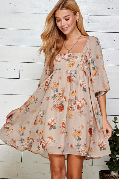 Nude Floral Baby Doll Dress