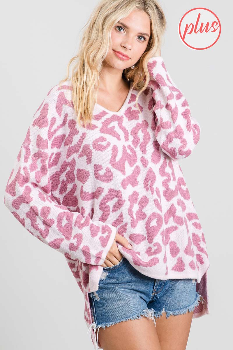 Plus Size Leopard Print Knit V-Neck Sweater