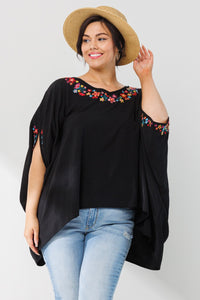 Solid Woven Poncho with Embroidery