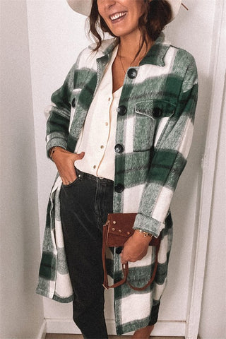 Green Button Closure Plaid Coat