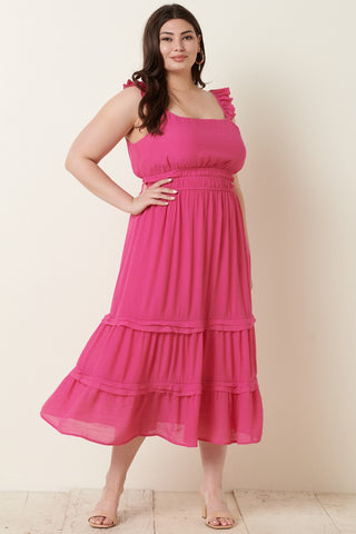 Hot Pink Ruffle Flowy Midi Dress