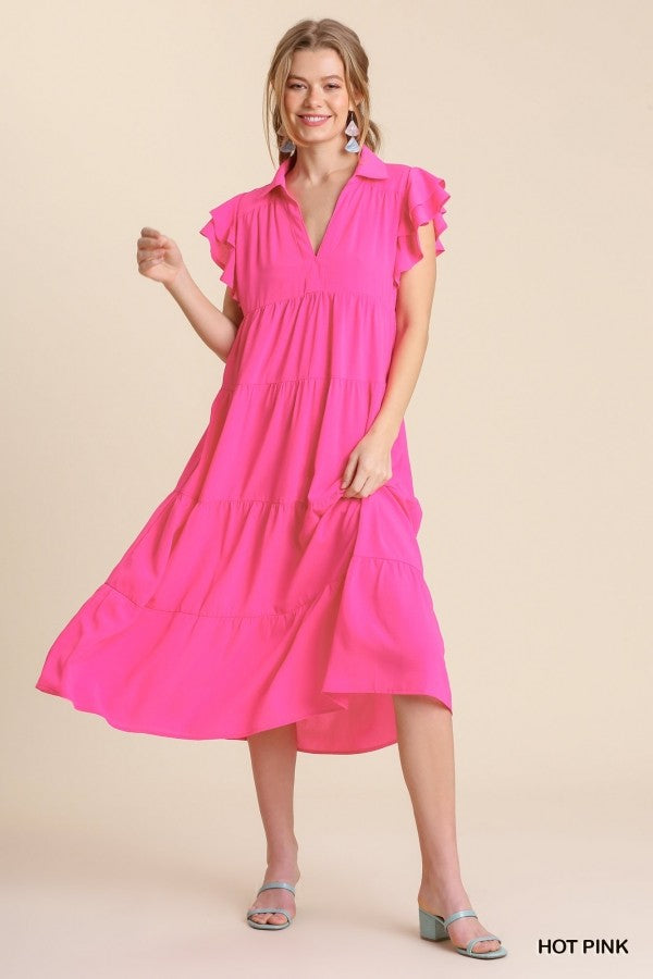 Hot Pink Collar Split Neck Tiered Midi Dress