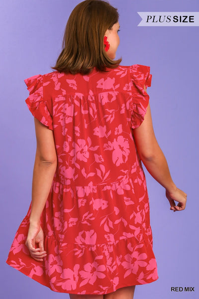 Red Mix Print Collared Tiered Dress