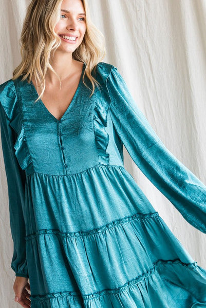 Teal Glossy Solid Tiered Dress