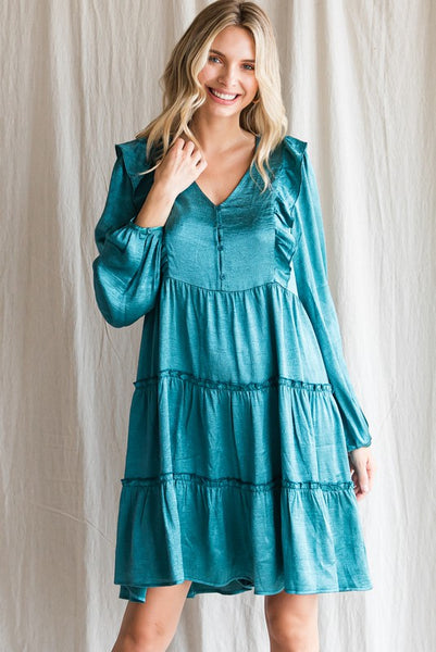 Teal Glossy Solid Tiered Dress
