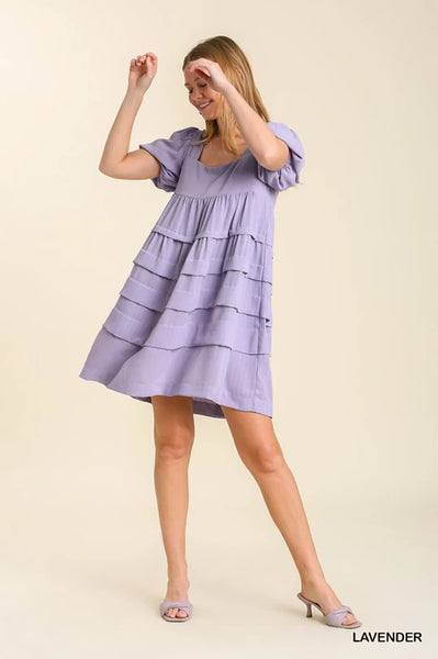 Lavender Square Neck Tiered Dress w/Pintucks