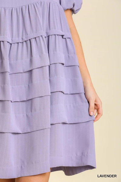 Lavender Square Neck Tiered Dress w/Pintucks